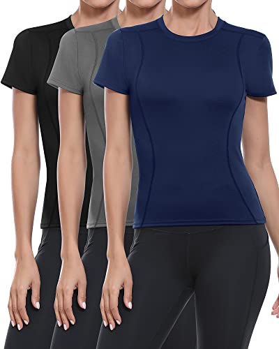 3 Pcs Workout Shirts For Women Workout Tops Crew Neck Athletic Shirts Stretch Quick Drying Compression Shirt Yoga Gym (Large) #TOP1