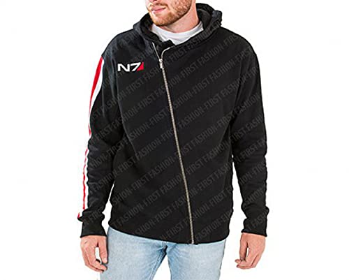 Questa giacca con cappuccio bomber nero ha maniche lunghe con strisce bianche e rosse sulla manica destra.