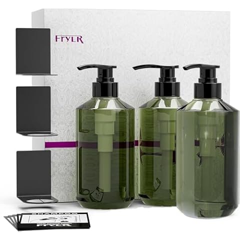 Frylr Shampoo and Conditioner Dispenser for Wall 3 Chamber, 3 x 17.5 fl. oz - 520ML Wall Mount Drill Free Soap Dispenser, Shower Bottles with Waterproof Labels, Green Cover