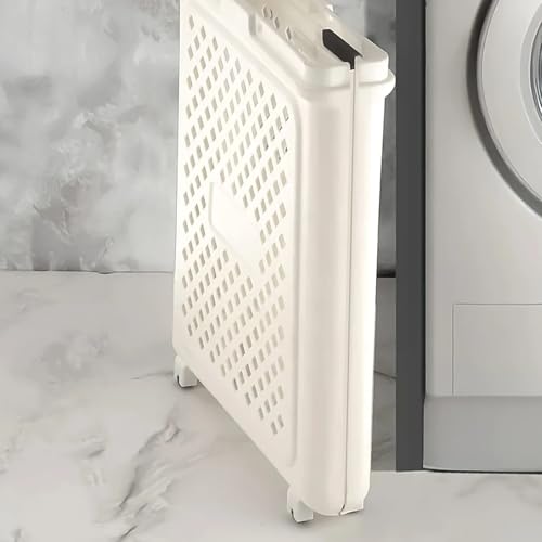 Image of Large Foldable Laundry Basket with Wheels | White Plastic Rolling Laundry Hamper | Ventilated Airflow Design | Space Saving Collapsible Storage Basket with Handles | 47 x 37 x 8 cm