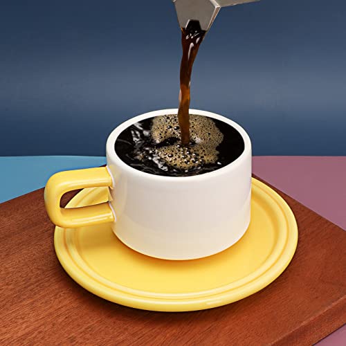 Veisky Contrasting Color Ceramic Coffee Cup Nordic Simple Afternoon Tea Cup Korean Coffee Cup And Saucer,8.4 Oz/250 Ml Ceramic Mug Set (White And Yellow) #TOP4
