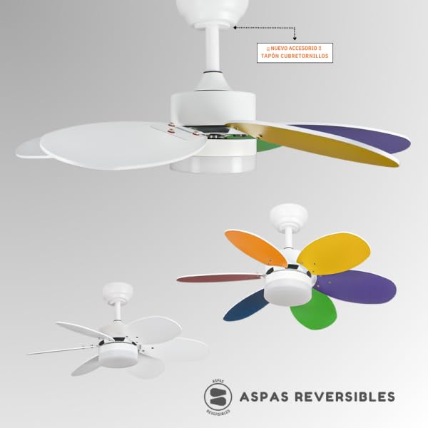 Bilake Kids Ventilador de Techo Infantil con Luz LED y Mando a Distancia, Silencioso, Aspas Reversibles, 85 cm, 3 Tonos de Luz Regulables para Habitación Infantil y Juvenil (Vivos/Blanco Reversible)