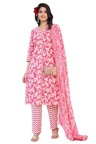 Image of MIRCHI FASHION Women's Straight Fit Pure Cotton Sequins Thread Work Leaf Printed Kurta Set with Dupatta and Trouser