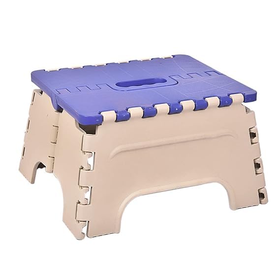 Image of U-MAX 7-Inch Folding Stool - Compact, Portable Step Stool for Kids & Adults, Lightweight Plastic Design, Slip-Resistant, Ideal for Kitchen, Bathroom, Camping & Travel (Blue&Ivory)