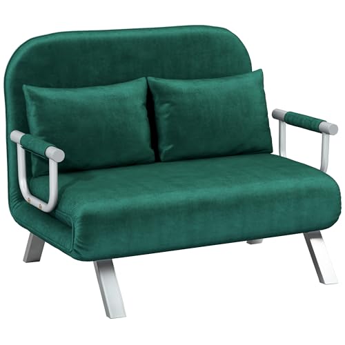 HOMCOM Sofá cama de 2 plazas Sofá cama de 2 plazas con respaldo ajustable y 2 cojines, sofá en ante desenfundable para salón, habitación de invitados, 111 x 80 x 78 cm, verde