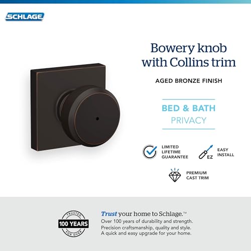 Image of Schlage F40 BWE 716 COL Bowery Knob with Collins Trim Bed & Bath Privacy Door Lock, Aged Bronze