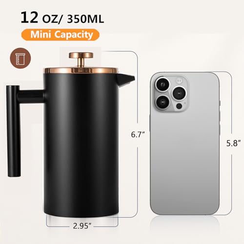 Image of Small French Press Coffee Maker 350ml /12oz, Black Stainless Steel Double-Wall Insulated, Included 2 Extra Filters and 1 Coffee Spoon (1 Cup)