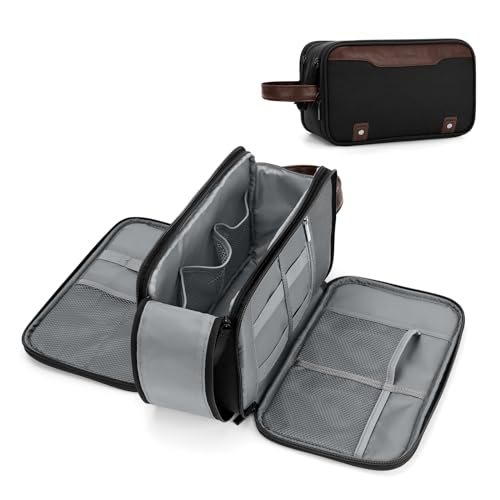 Image of Wedama Toiletry Bag for Men, Large Hanging Travel Toiletry Bag, Extra Electronic Organizer Bag Waterproof Shaving Bag for Toiletries with PU Handle for Travel Business Trips Swim Camping, Black&Brown