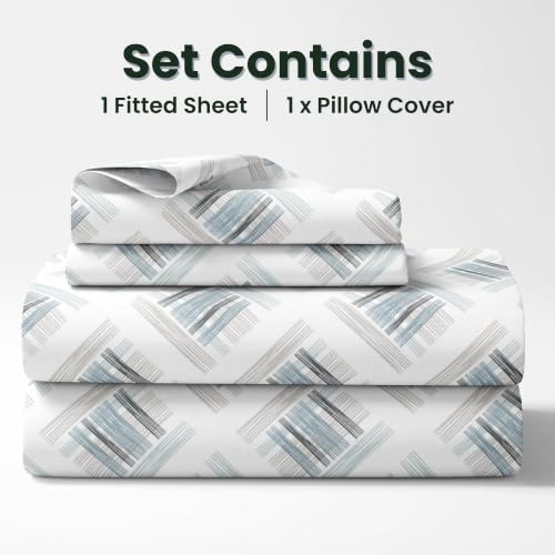 Image of LORETO - A QUALITY LINEN BRAND 186 TC 100% Pure Cotton Single Fitted Bedsheet with 1 Pillow Cover for 78 x 36 Inch Mattress, All-Around Elastic, 8 Inch Deep Pocket, Mist & Charcoal Grid