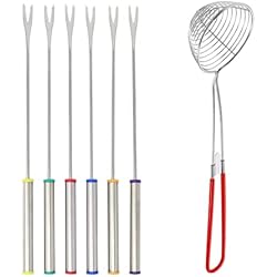 通用, Tenedores de Fondue de Acero Inoxidable con mango resistente al calor 6 colores 9,4 Pulgadas para asar queso malvaviscos carne con Colador Olla Caliente de acero inoxidable (6)