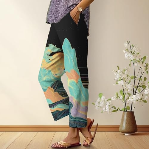 Womens Casual Pants Vintage Japanese Art Style Wave Print Pants Summer Trendy Baggy High Waist Straight Leg Trousers2