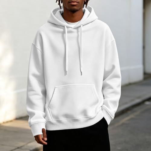 WWPPAION Fleece Pullover Men Hoodie Trendy Drawstring Sweatshirt Pullover Fall Outfits Casual Long Sleeve Shirts With Pocket White - 3