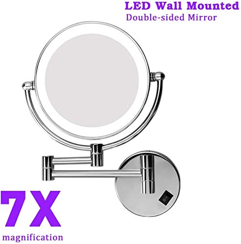 Excelvan Espejo de Pared con Aumento 7X y Normal, con Luz LED, 8 Pulgadas, Redondo Giratorio de 360 Grados para Baño y Maquillaje, Plateado