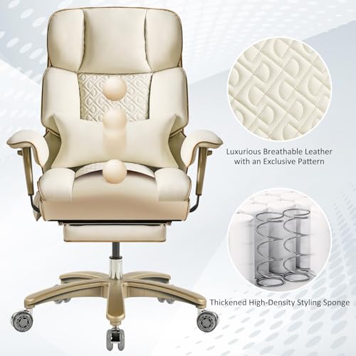Image of Leather Office Chair with Footrest, High-Back Executive Office Chair with Adjustable Lumbar Support, Luxury Desk Chair with Silent Wheels Rocking 360 Swivel, Height Adjustment,Beige