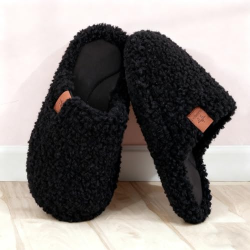 Image of Womens Fuzzy Slippers Wide Width Ladies Arch Support Memory Foam Slippers Warm Comfy faux fur Slip On Indoor House Shoes