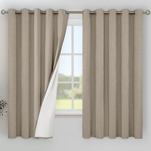 Image of YoungsTex Extra Wide Burlap Linen Blackout Curtains for Bedroom, Taupe Thermal Insulated Drapes Heat Blocking with Grommet for Living Room Window with White Backing, 2 Panels, 60 X 63 Inch