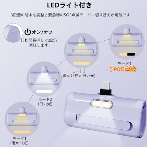 LUCKYDUO モバイルバッテリー 軽量 小型 5000mAh Type-Cコネクター内蔵 コードレス コンパクト 直接充電 急速充電 LCD残量表示 LEDライト&スマホホルダー付き Android用iPhone16/15/Xperia/Galaxy/Pixel/HUAWEI/ゲーム機など充電対応 PSE認証済（パプール）