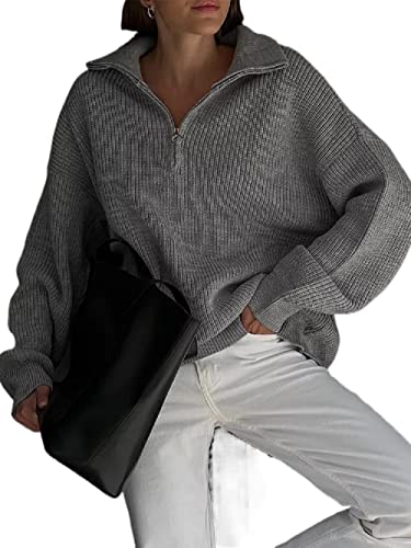 Suéteres casuales de manga larga con media cremallera para mujer, cuello en V sólido, cuello acanalado, de punto suelto, holgado, jersey, gris, M