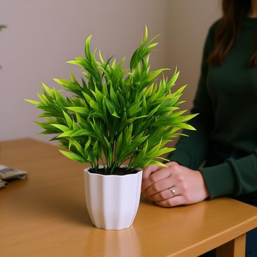 Image of fancymart Plastic Artificial Plant Bamboo Leaves Bunch in Pot - 32 cm Height | Elegant Home & Office Decor | Realistic Greenery for Indoor Decoration