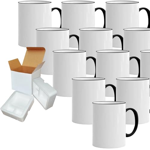 TWISTED ENVY Box of 12 11 oz. Ceramic Sublimation Mugs - Rim/Handle - BLACK - Cardboard Box with Foam Supports