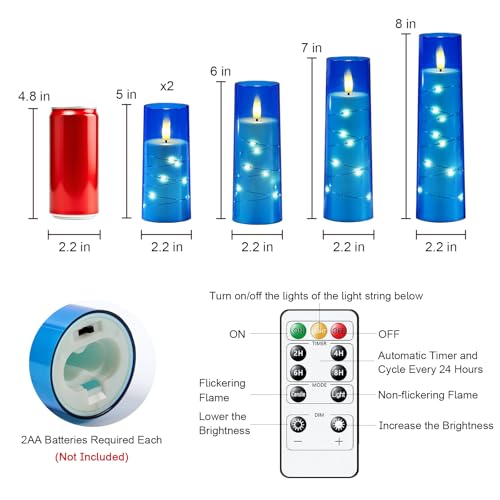 Image of Raycare Independence Day Flameless Candle with Remote Timer - 5 Flickering Acrylic Battery Operated LED Pillar Candles with Embedded Star String for 4th of July Home Patriotic Decor, as a Gift (Blue)