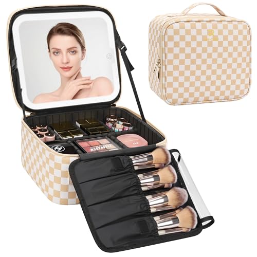 Relavel Travel Makeup Bag With LED Mirror, Cosmetic Train Case with Light up Mirror, Portable Makeup Artist Organizer Bag with Adjustable Dividers, Makeup Brush Holder Storage, Plaid