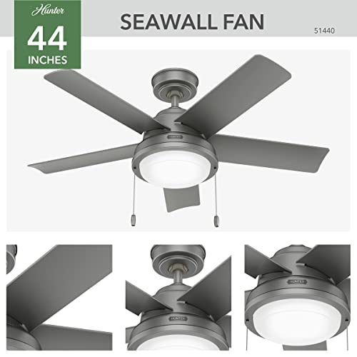 Image of Hunter 44 inch Seawall Outdoor Ceiling Fan, LED Light, Matte Silver, Pull Chain