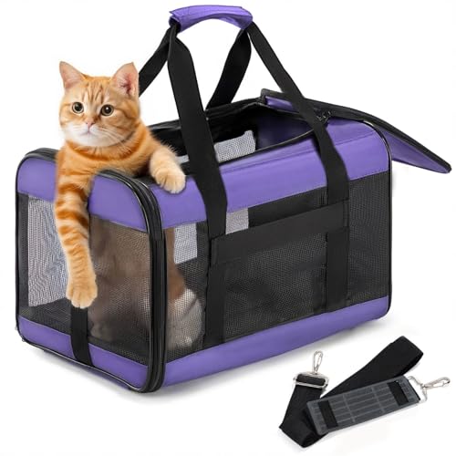 Conlun Cat Carrier Airline Approved, Soft-Sided Dog Carrier with Inner Safety Leash, Pet Transport Carrier for Small-Medium Cats Puppies up to 15 Lbs, Collapsible Travel Kitten Carrier Bag -Purple M