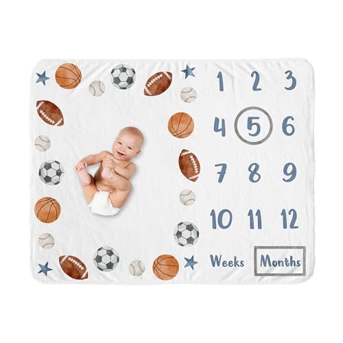 Image of Sweet Jojo Designs Sports Theme Boy Baby Milestone Blanket Newborn Monthly First Year Photo Growth Chart Infant Memory Gift Set Watercolor Vintage Soccer Balls Football Baseball Basketball Blue Stars
