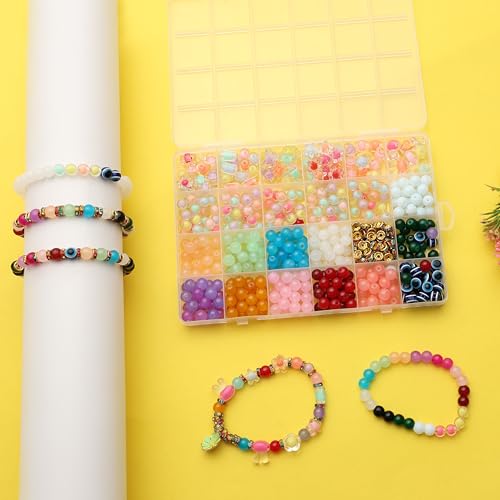 Image of Ambitieux DIY Bracelet Making Kit 575+ Beads Jewelry Set With Glass,Double,Charms Pendants Accessories,Evil Eye,Elastic Thread,Cutter & Jute Bag Craft Kit For Girls,Kids & Adults (Jelly),Multicolor