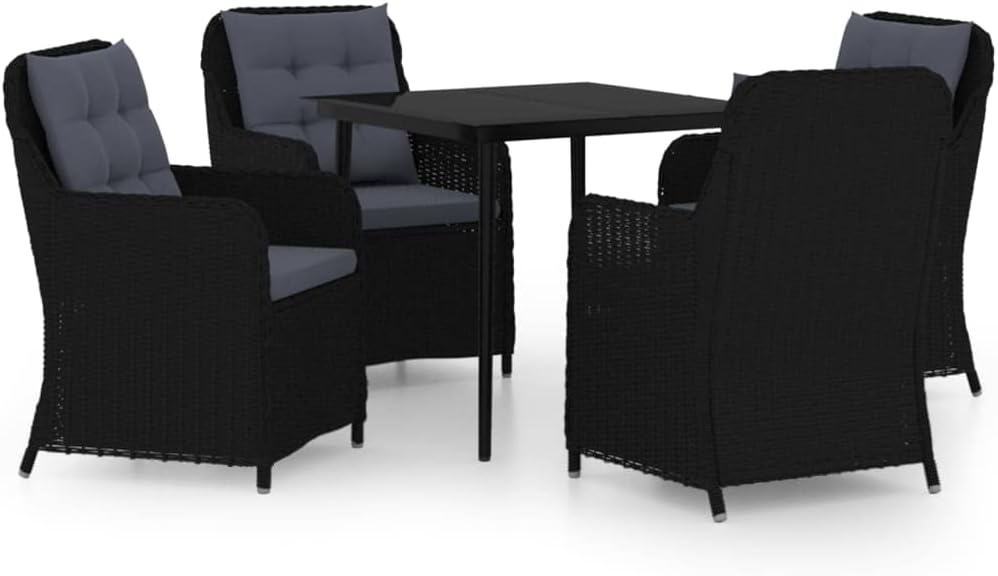 vidaXL 3-Piece Patio Dining Set with PE Rattan Chairs, Powder-Coated Steel Frame, Glass Tabletop, Comfortable Cushions in Sleek Black Design