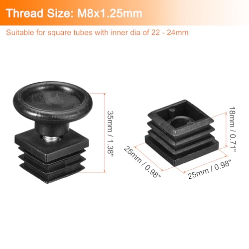 Image of uxcell 8Pcs Inserts for Square Tubes with Leveling Feet, for 0.98 inchx0.98 inch OD Square Tube, M8-1.25mm Thread Black Plastic Furniture Chair Blanking End Caps Insert Plugs