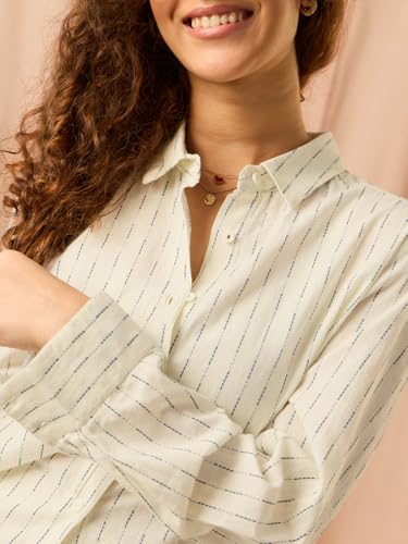 Image of The Souled Store Stripe Shirt: Marina Women and Girls Full Length Spread Collar Off-White and Blue Striped Cotton Relaxed Fit Breathable Lightweight Everyday All-Season Shirt