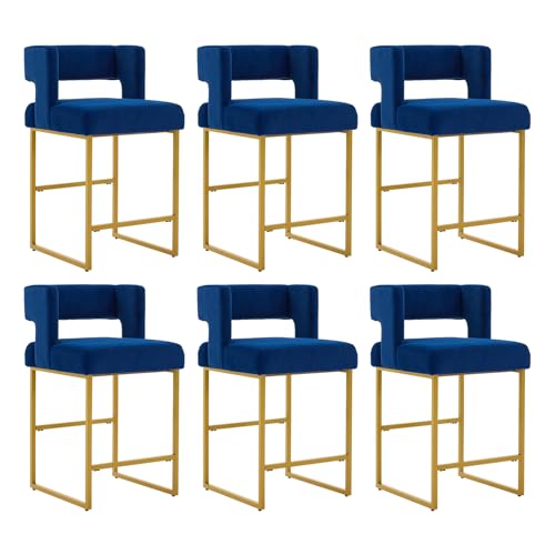 Image of 26 inch H Velvet Bar Stools Set of 6, Counter Height Bar Seats with Square Back, Modern Upholstered Armless Barstools with Metal Gold Legs for Kitchen Island Dining Room Bar, Blue
