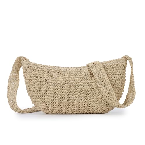 Fecialy Straw Crossbody Bag for Women Pleated Dumpling Shoulder Handbags Ruched Handmade Summer Beach Straw Bag