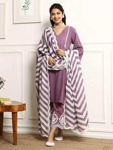 Image of Women's Cotton Embroidered Straight Kurta & Pant with Dupatta Set (Purple)