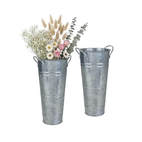 vensovo 9" Tall Galvanized Flower Bucket, 2 Pcs French Metal Vases with Handles, Tabletop Rustic Floral Buckets for Dried Flowers, Wedding Flower Bar & Home Decor, Silver