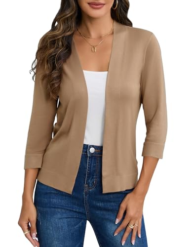 Image of Women's 3 /4 Sleeve Cropped Cardigan Sweater Open Front Short Shrugs Cardigans Lightweight Sweaters Tops