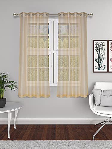Image of Set of 2 Pcs Sheer Premium Lightweight Tissue Fabric Solid Gold Color Eyelet Window Curtain, 2 Pc Window Curtain 5ft
