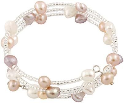 Sterling Silver Flex Fit Bangle Wrap Bracelet 3-Row Handpicked AA 6-7mm Baroque Freshwater Cultured Pearls ✦ June Birthstone ✦