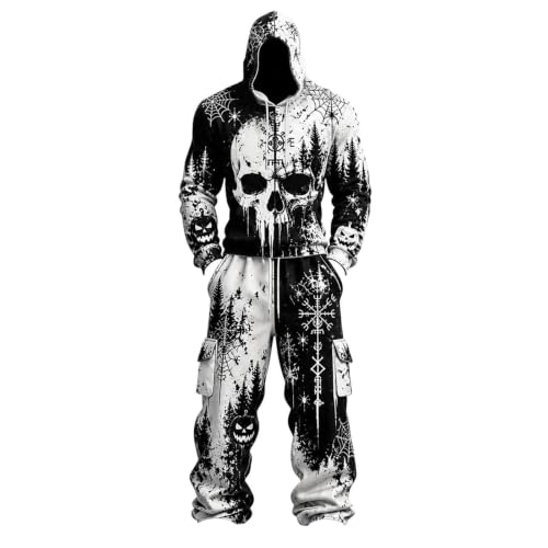 Men Halloween Skeleton Costume 2 Piece Tracksuit Funny Scary Skull Print Hoodie Sweatshirt Jogger Pants Outfits - image 1