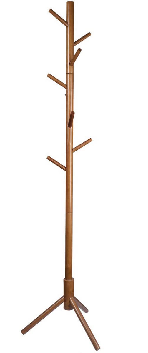 8 Hooks Solid Wood Coat Rack Floor Standing Coat Hanger Painted Real Wooden Simple Hat Rack for Living Room Bedroom Office (Triangle base, Coffee color)