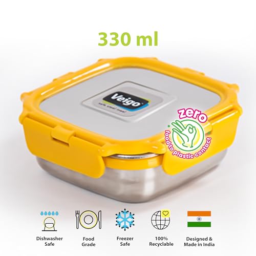 Image of Veigo Original Stainless Steel Medium Snack Box (330 ml)| Airtight & Leakproof| Freezer & Dishwasher Safe| Snacks Box for School|Silicone Ring & Polymer Frame| Safe Lid Lock| Yellow