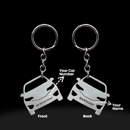 Image of SAVRI Personalized Stainless Steel Car Keychain with Name & Vehicle Number engraved. Car shape Keychain - Gift for Father's Day. For brothers, dads, boyfriends. Car model keychains | car keychains.