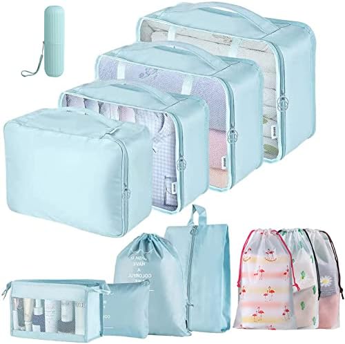Travel Organiser Packing Cubes, Venkaite 9 PCS Multifunction Travel Cubes Luggage Organiser Packing Bags Waterproof Travel Compression Suitcase Bag Travel Essential Bag(A-Grey)