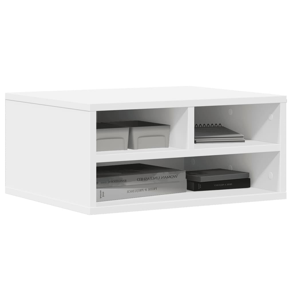 Supporto per stampante, in legno bianco, 49 x 40 x 22,5 cm, con spazio e ruote, mobile come carrello d'appoggio, organizer per ufficio, casa, studio, scaffale, cassetto