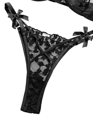 Image of Lilosy Sexy Underwire Cute Push Up Strappy Embroidered Mesh Sheer Lingerie Set See Through Panty Bra