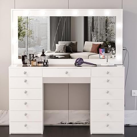 Boahaus Daisy Extra-Large White Makeup Vanity Desk with Lights Built-in, Power Outlet, Vanity Table with Hollywood Wide Mirror, Crystal Knobs, Vanity Desk with 13 Drawers, 61''Hx56''Wx15''D Cover