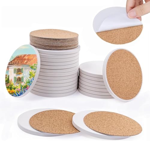 LYCN 24 Stück Weiße Keramik Untersetzer, 10×10cm Runde, Unglasiert, Absorbierend, Kork-Basis, DIY Craft, Topfuntersetzer, Gläser, Tassen