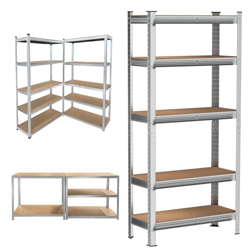 VickyHome Garage Shelves, 5 Tier Heavy Duty Shelving Unit Storage Rack, 875KG Capacity 175KG Per Shelf Workshop Storage Metal Shelf with Adjustable Height Pantry Shelves for Storage, 150CM Silver